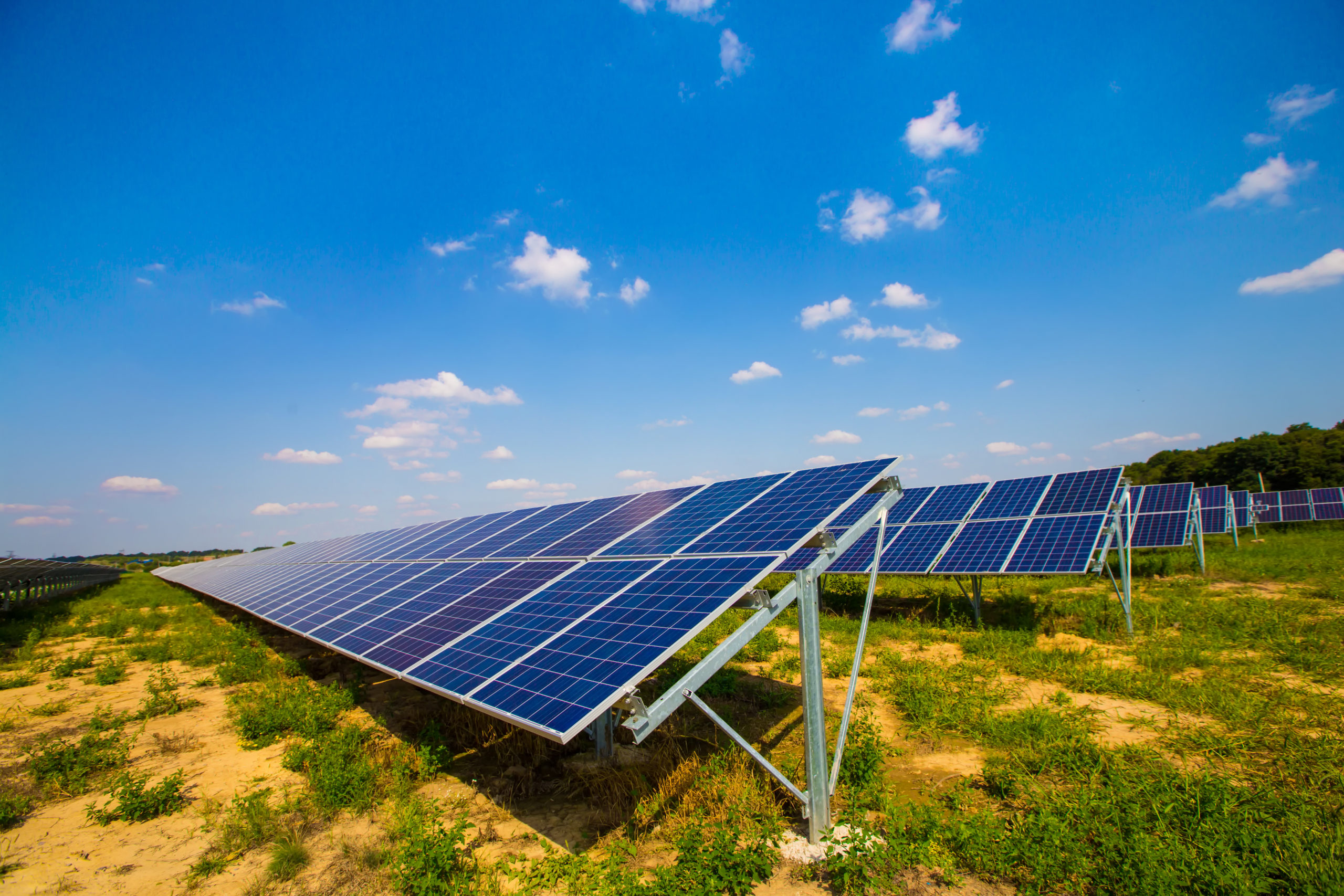 Solar panel on sky background. Photovoltaic power supply systems. Solar power plant. The source of ecological renewable energy. Solar farm.